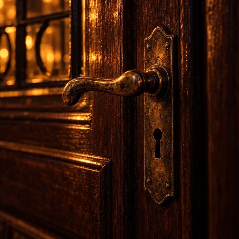Manija de bronce de la puerta de madera